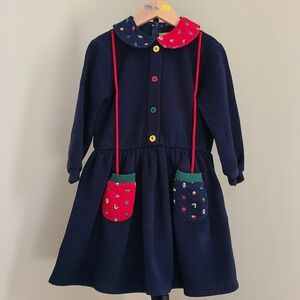 Vintage Lapin Navy Blue Girls Dress with Red Accents Made In Italy 90s